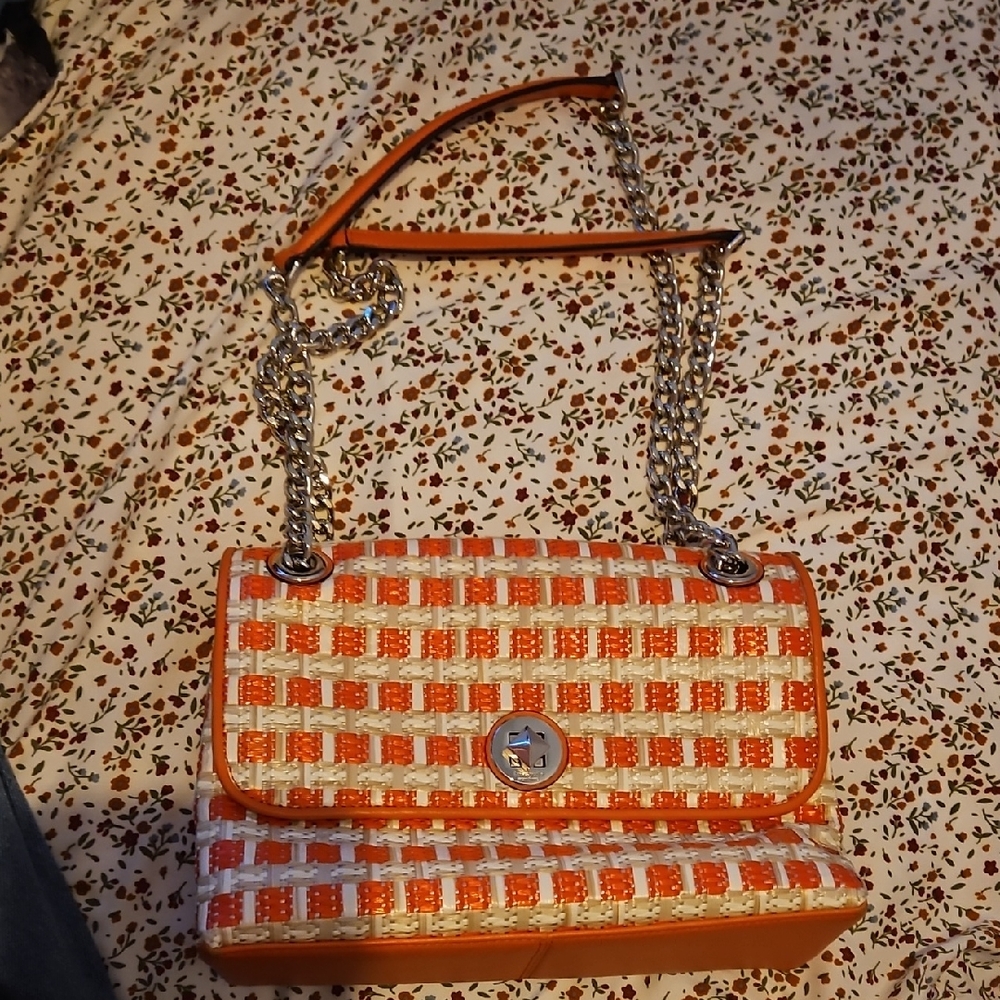 Kate Spade Orange and White Woven Checkered Shoulder Bag